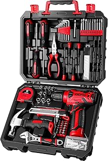 DEKOPRO Drill Set: Tool Set with 8V Red Cordless Drill, Home Tool Kit with Drill, Hand Tool Kits for Women 126 Piece