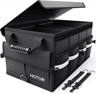 HOTOR Car Trunk Organizer - Foldable Trunk Organizer for SUV, Car Storage with Reflective Strips & Securing Cover, Large Capacity Car Accessories for Truck, Van & Sedan, Black, 22.1" x 12.6" x 11.0"