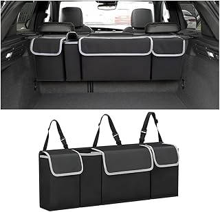 AUCELI Car Trunk Organizer, Backseat Hanging Large Storage with Adjustable Straps, Waterproof Collapsible Cargo Bag with 4 Pockets, Sturdy Space Saver Frees Trunk Floor for SUV, Truck, MPV