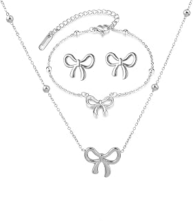 Bow Necklace for Women Titanium Steel Gold Bow Tie Bracelet Necklace Earrings Set Dainty Bowknot Ribbon Necklace Pendant Fashion Jewelry Gifts