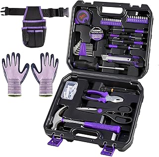 General Household Tool Set - Purple Hand Tool Kit with Waist Pouch & Gloves, Tool Kit for Women Everyday Home Repairs, DIY and Crafts, 112 pcs